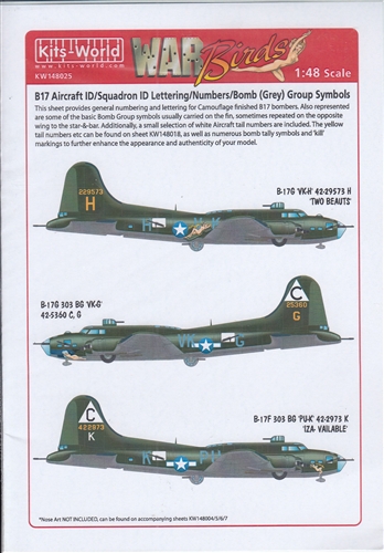 WARBIRDS DECALS 1/48 B17 ID Sq. & ID Lettering, Numbers, Bomb (Grey ...