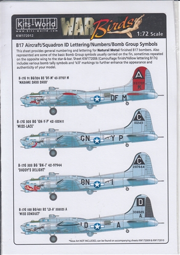 WARBIRDS DECALS 1/72 B17 Sq. ID Lettering, Numbers, Bomb Group Symbols ...